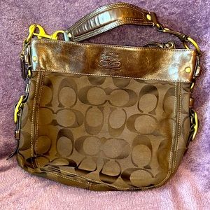 Coach Large brown leather with gold accent canvas Coach purse used